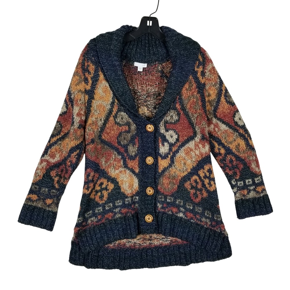 J. Jill Cardigan Sweater Womens Small Multi Color Southwestern Shawl Collar Wool